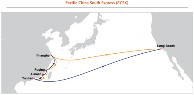 东方海外推出的太平洋华南快航(PCSX)航线图