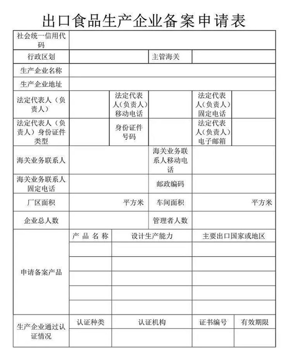 出口食品生产企业备案申请表