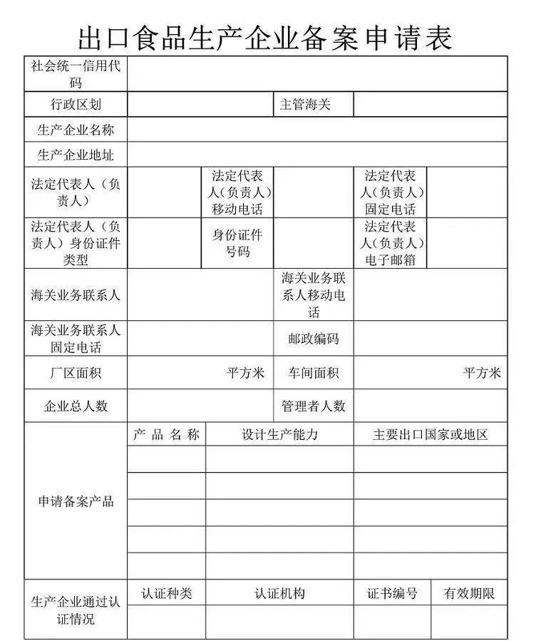 出口食品生产企业备案申请表