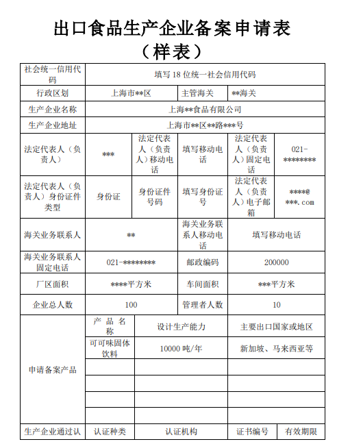 出口食品生产企业备案申请表