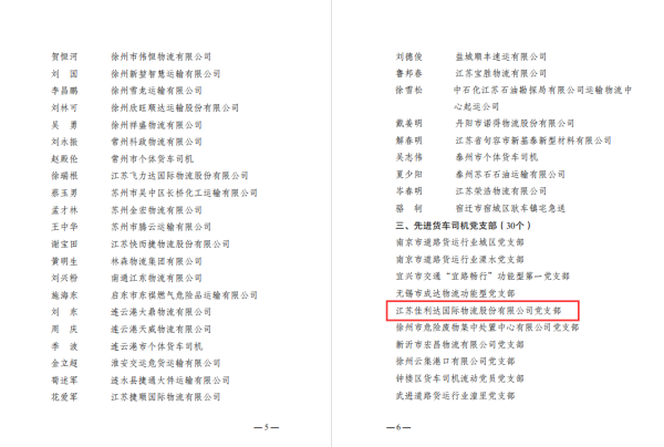 【党支部动态】佳利达物流党支部荣获江苏省交通运输行业“先进货车党支部”