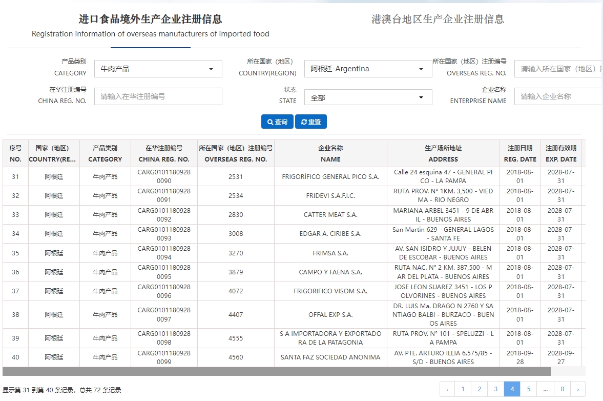 阿根廷输华肉类企业名单-牛肉