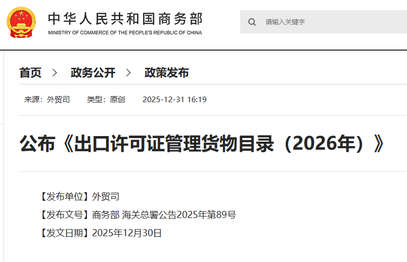 2026年出口许可证管理货物目录