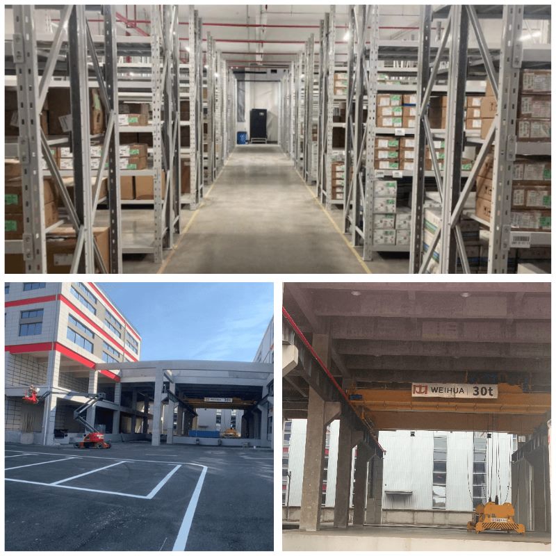 图为佳利达南京智慧物流园内的恒温仓库及无人天车、集装箱吊装设备